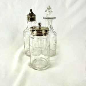 3 pc Antique 1930s French Crystal Condiment Set Caster Jar Sterling St Medard